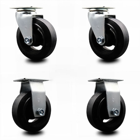 Service Caster 5 Inch Rubber on Cast Iron Caster Set with Roller Bearings 2 Swivel 2 Rigid SCC-20S520-RSR-2-R-2